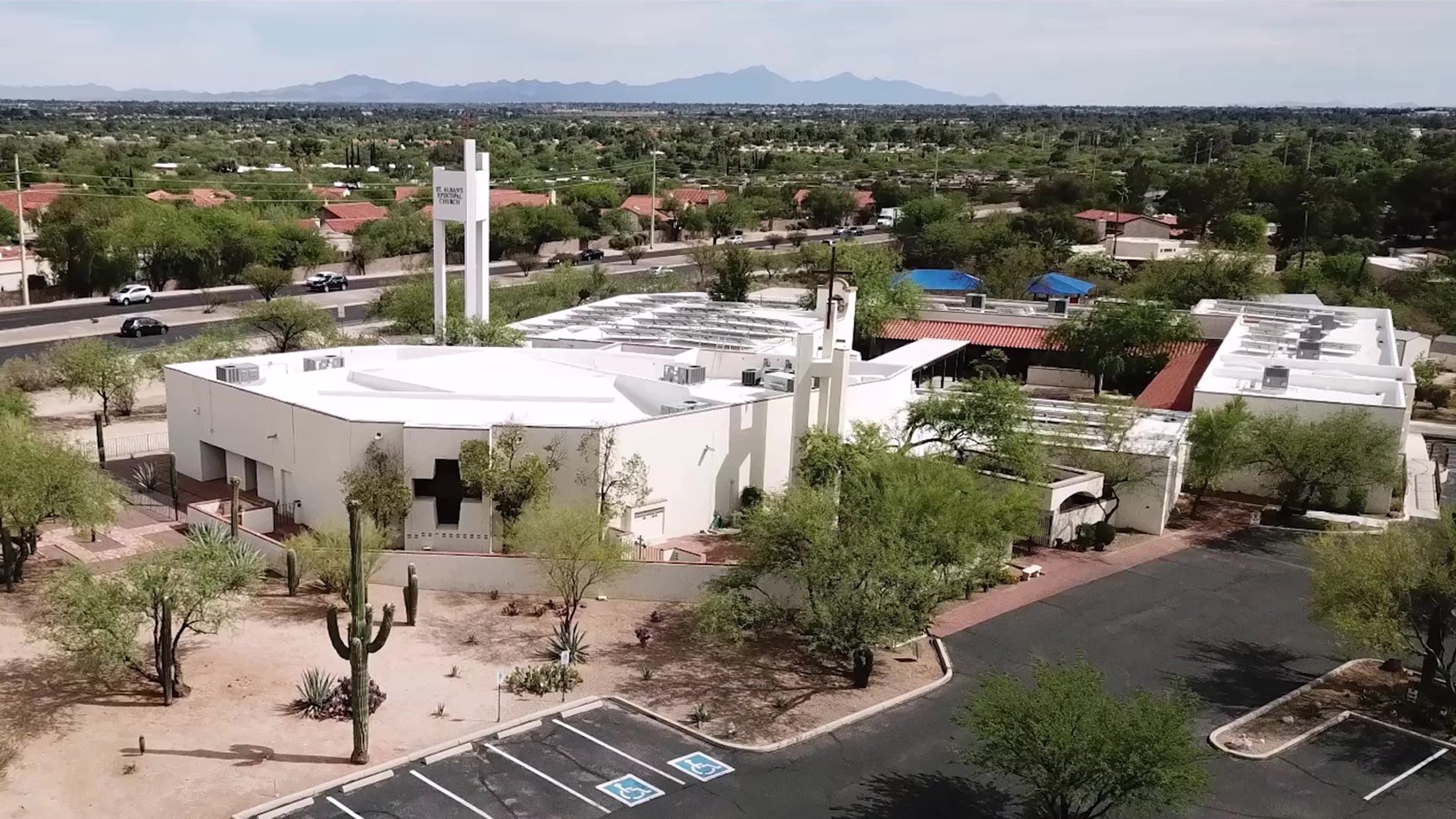 Aerial view of St. Alban’s church and campus in the Tucson foothills.